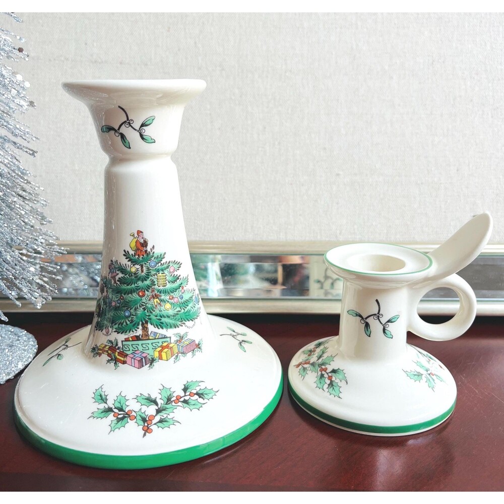 Vintage Spode Christmas Tree Chamber stick Candle Holders Mismatched Set of 2